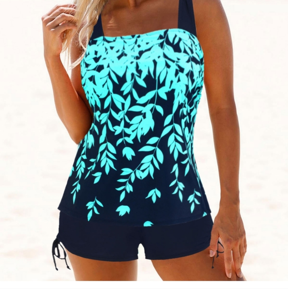 Stripped Tankini with shorts . Colors- Cyan and Navy.